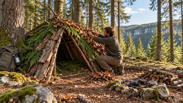 Construire un abri en forêt facilement avec des matériaux naturels